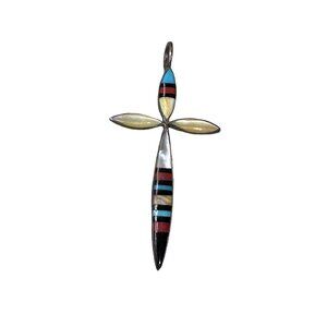 Vintage Zuni Multi Stone Inlay Sterling Silver Cross Pendant Signed E Yazzie 1.5